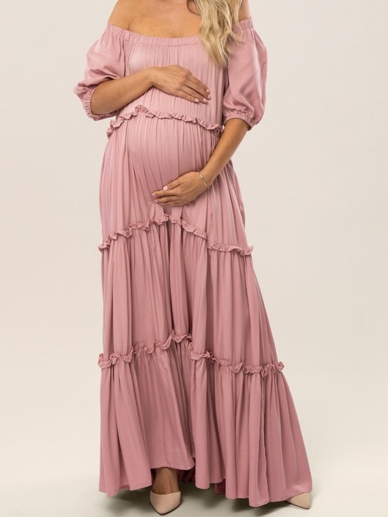 Off-Shoulder Rose Pink Tiered Maxi Dress - Picture 7 of 9